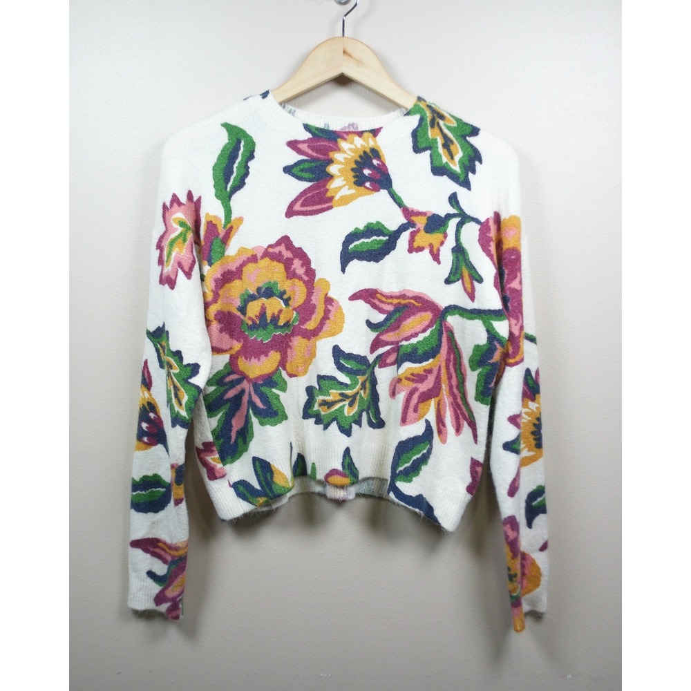 CeCe Floral Intarsia Sweater Womens Medium Ivory Pink Fuzzy Knit Botanical Print - Picture 2 of 10